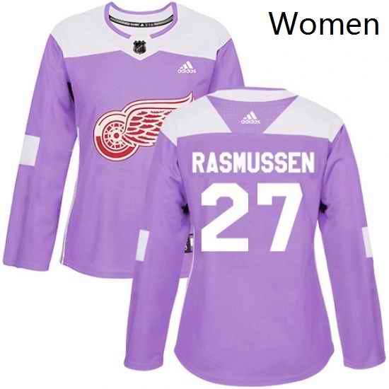 Womens Adidas Detroit Red Wings 27 Michael Rasmussen Authentic Purple Fights Cancer Practice NHL Jersey
